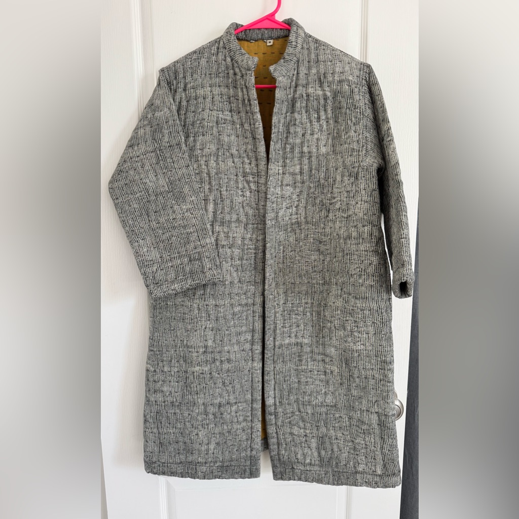 Gray Textured Long Open Cardigan | Indian Boutique | Yellow Interior | Size M